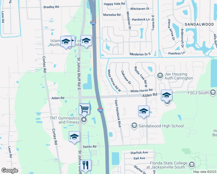 map of restaurants, bars, coffee shops, grocery stores, and more near 2475 Whispering Woods Boulevard in Jacksonville