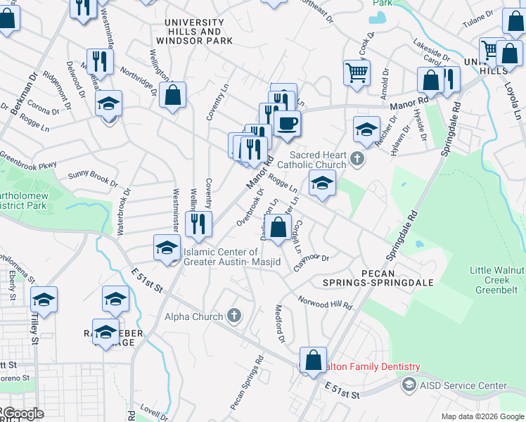 map of restaurants, bars, coffee shops, grocery stores, and more near 5601 Overbrook Drive in Austin