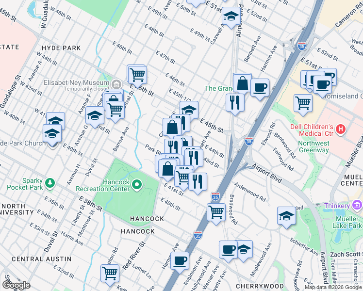 map of restaurants, bars, coffee shops, grocery stores, and more near in Austin