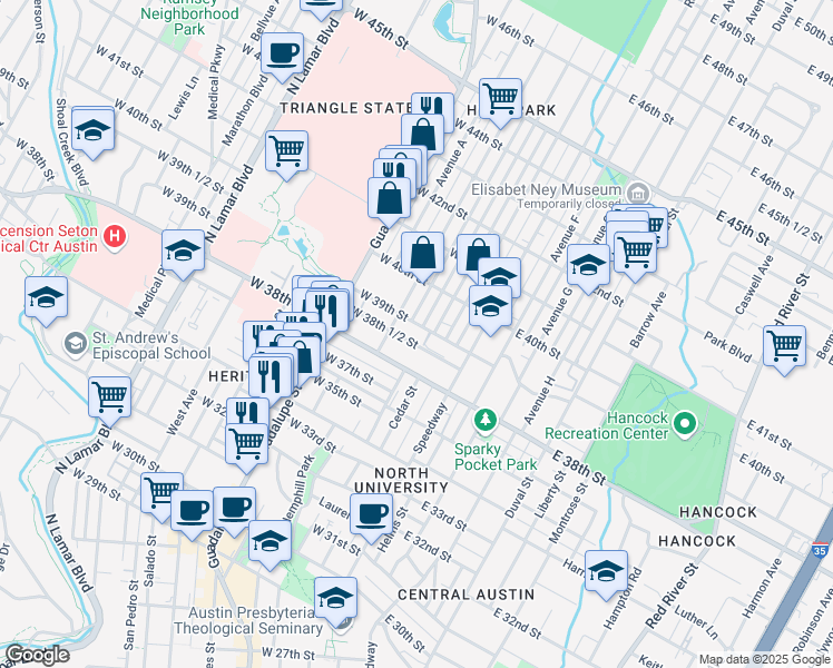 map of restaurants, bars, coffee shops, grocery stores, and more near 305 West 39th Street in Austin