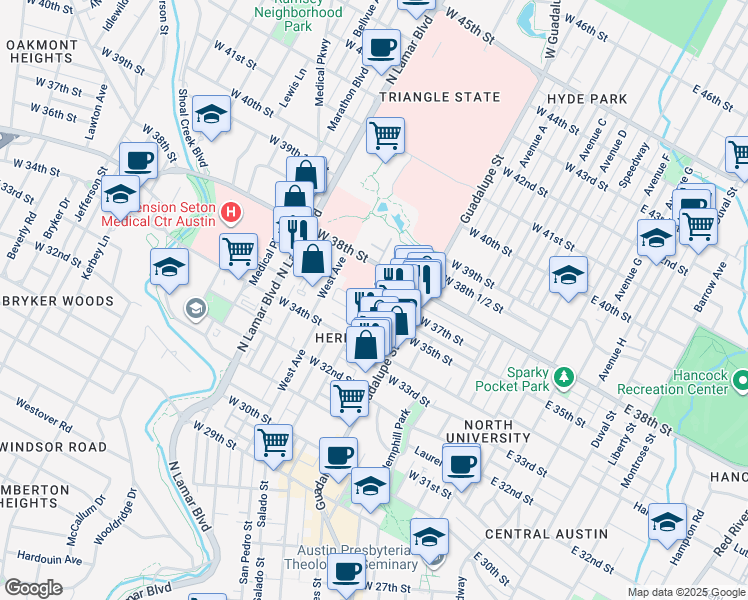 map of restaurants, bars, coffee shops, grocery stores, and more near 631 West 38th Street in Austin