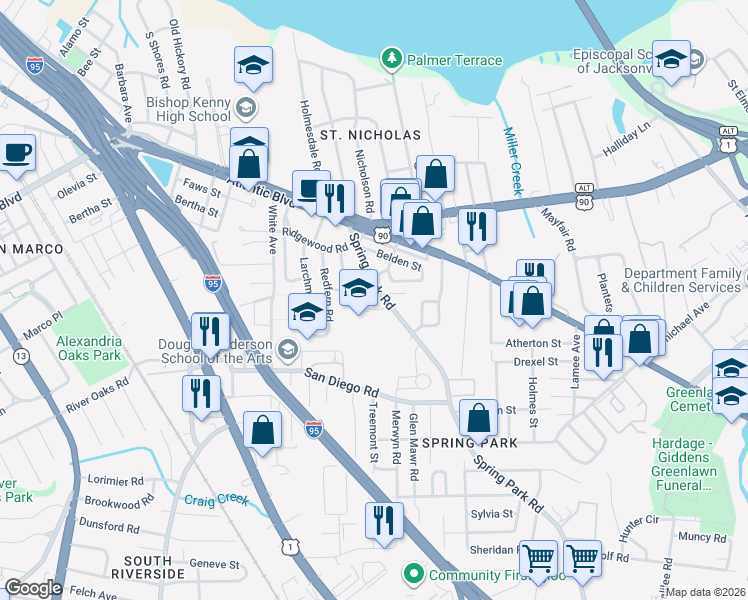 map of restaurants, bars, coffee shops, grocery stores, and more near 2216 Spring Park Road in Jacksonville
