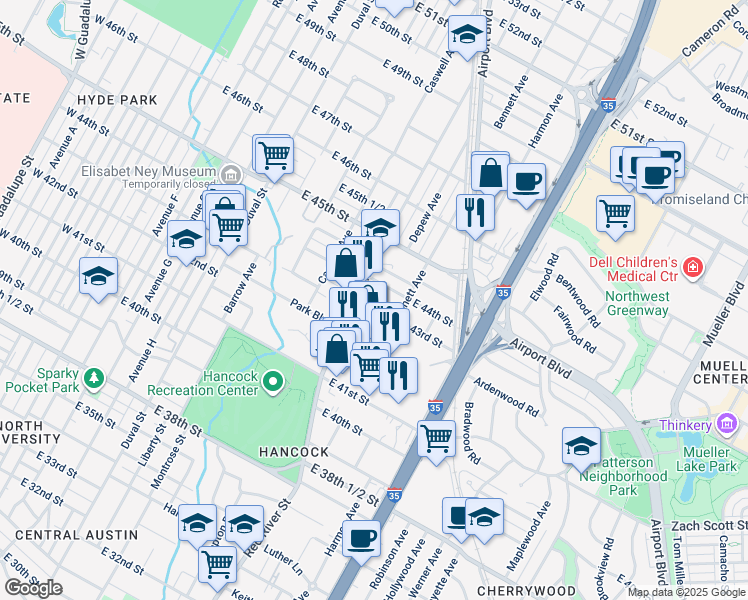 map of restaurants, bars, coffee shops, grocery stores, and more near in Austin