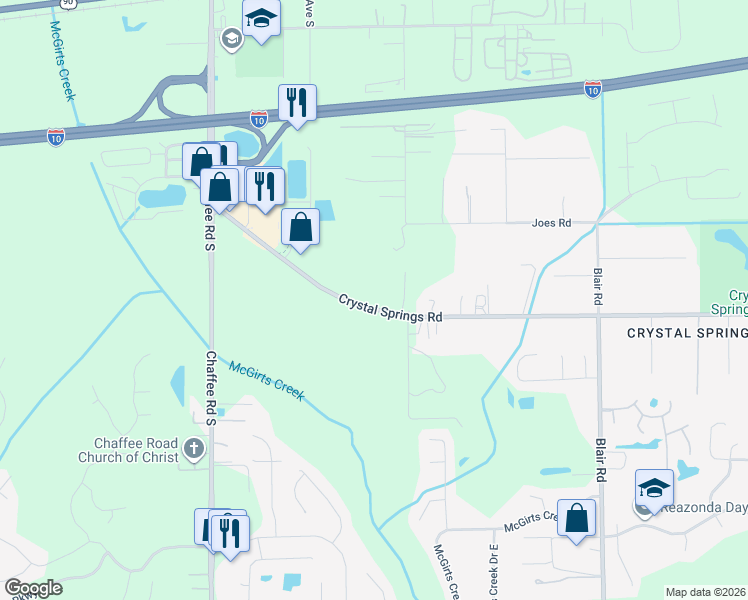 map of restaurants, bars, coffee shops, grocery stores, and more near 10745 Crystal Springs Road in Jacksonville