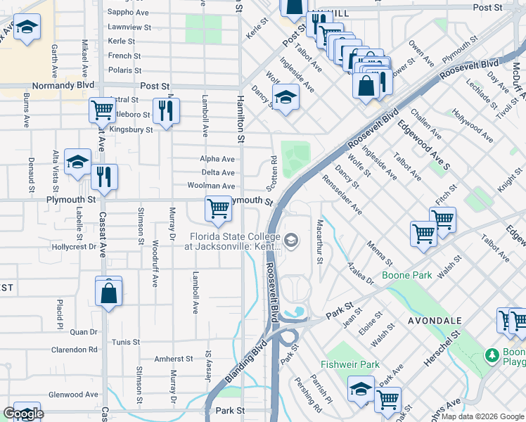 map of restaurants, bars, coffee shops, grocery stores, and more near 1229 Plymouth Place in Jacksonville