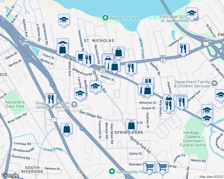 map of restaurants, bars, coffee shops, grocery stores, and more near 3160 Belden Circle in Jacksonville