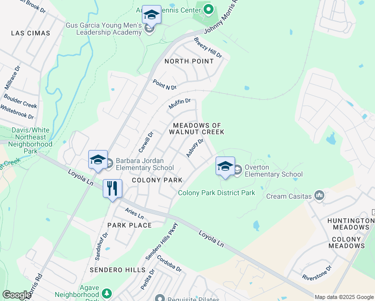 map of restaurants, bars, coffee shops, grocery stores, and more near 7102 Asbury Drive in Austin