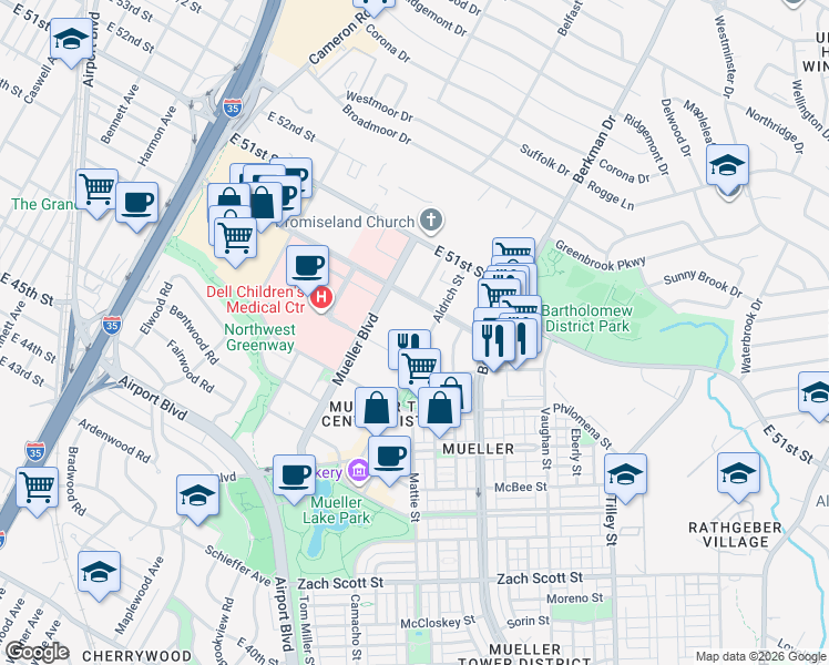 map of restaurants, bars, coffee shops, grocery stores, and more near 2300 Aldrich Street in Austin