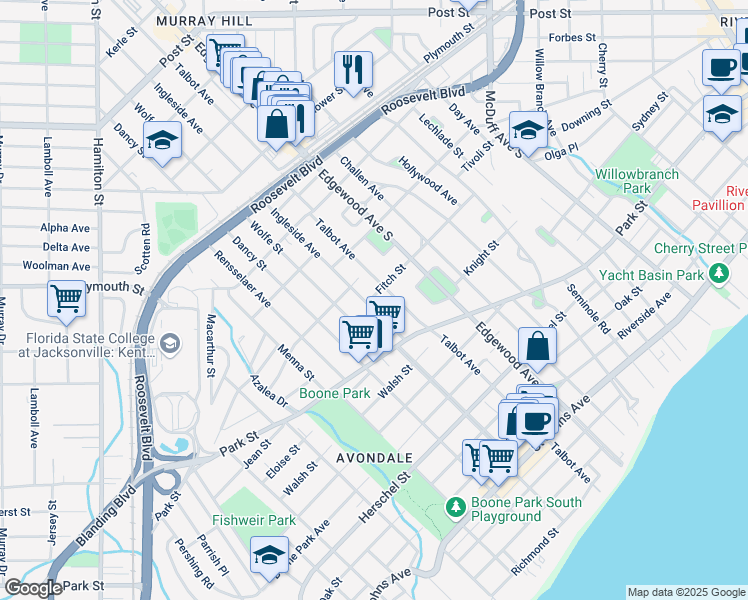 map of restaurants, bars, coffee shops, grocery stores, and more near 1377 Ingleside Avenue in Jacksonville