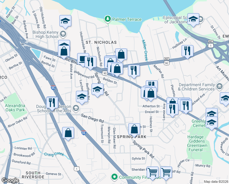 map of restaurants, bars, coffee shops, grocery stores, and more near 3160 Belden Circle in Jacksonville