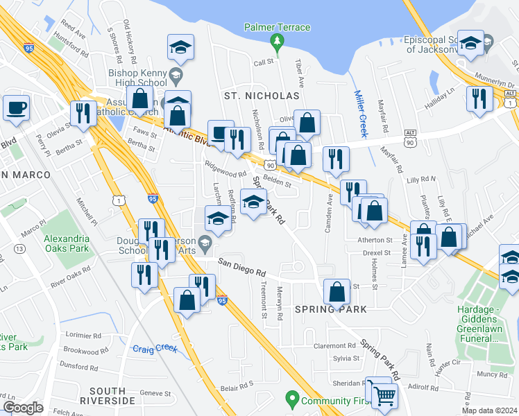 map of restaurants, bars, coffee shops, grocery stores, and more near 2179 Spring Park Road in Jacksonville