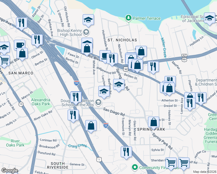 map of restaurants, bars, coffee shops, grocery stores, and more near 2215 Larchmont Road in Jacksonville
