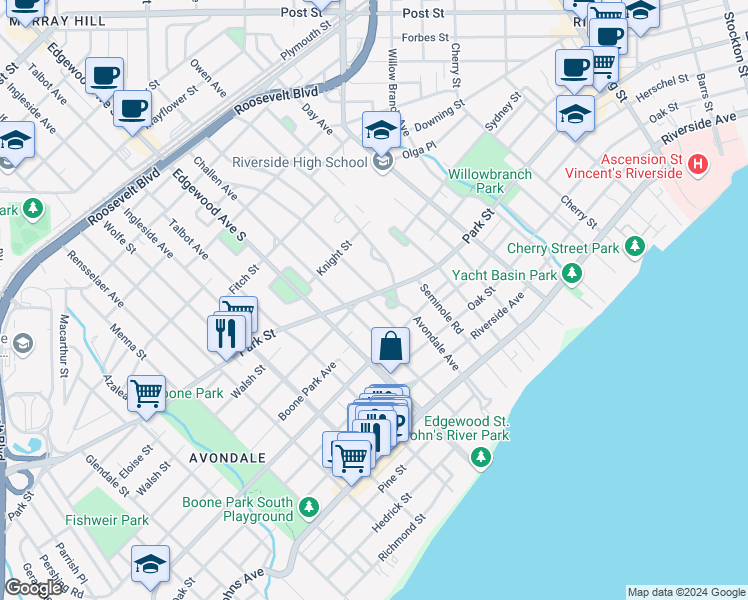 map of restaurants, bars, coffee shops, grocery stores, and more near in Jacksonville