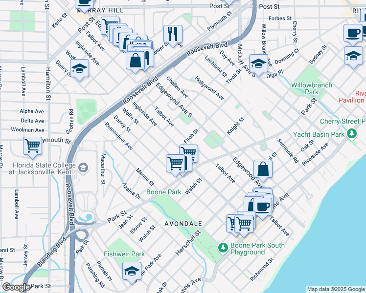 map of restaurants, bars, coffee shops, grocery stores, and more near 1377 Ingleside Avenue in Jacksonville