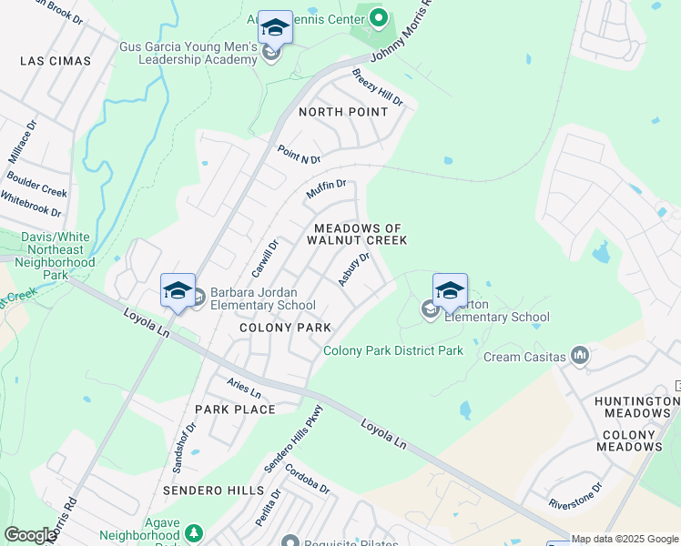 map of restaurants, bars, coffee shops, grocery stores, and more near 7102 Asbury Drive in Austin
