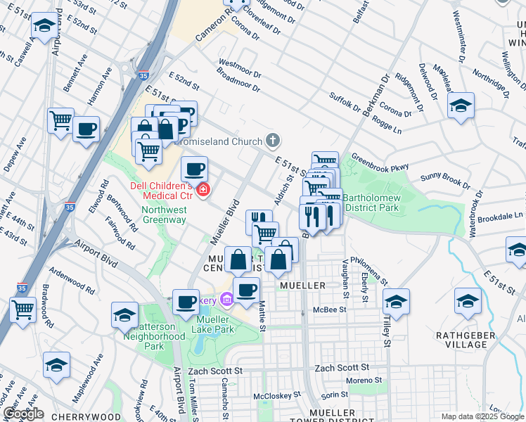 map of restaurants, bars, coffee shops, grocery stores, and more near 2401 Aldrich Street in Austin