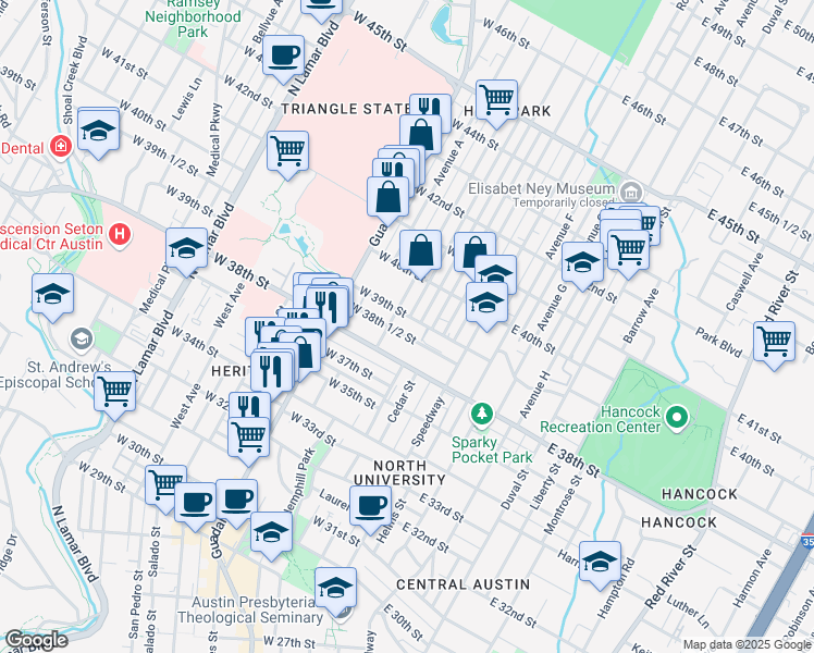 map of restaurants, bars, coffee shops, grocery stores, and more near 305 West 39th Street in Austin