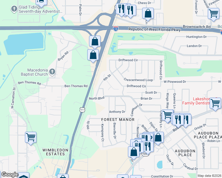 map of restaurants, bars, coffee shops, grocery stores, and more near 340 Mapleleaf Drive in Slidell