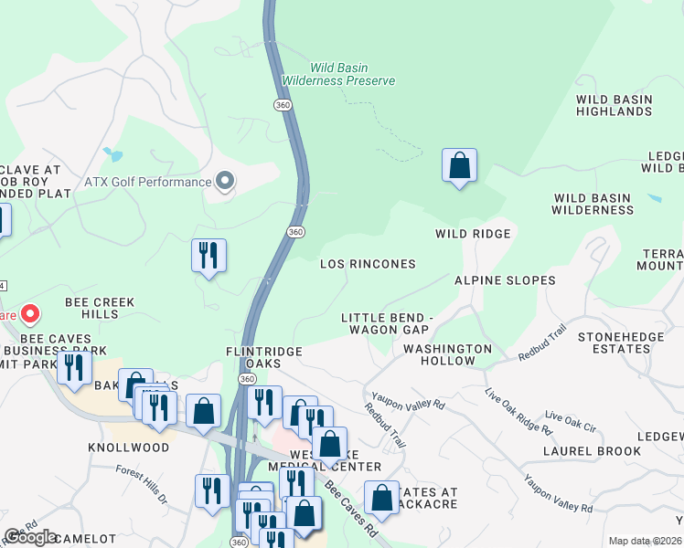 map of restaurants, bars, coffee shops, grocery stores, and more near 1905 Yaupon Valley Road in West Lake Hills