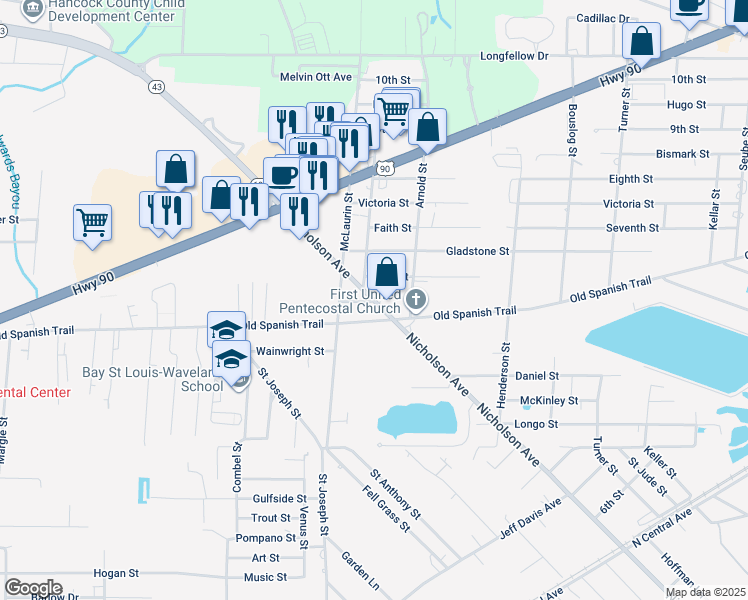 map of restaurants, bars, coffee shops, grocery stores, and more near 1900 Nicholson Avenue in Waveland