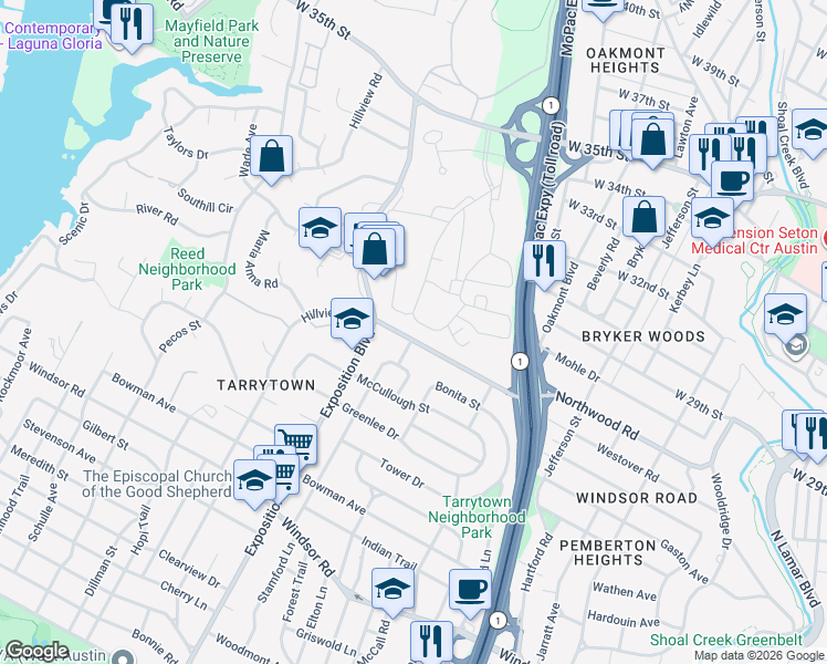 map of restaurants, bars, coffee shops, grocery stores, and more near 2600 Westover Road in Austin