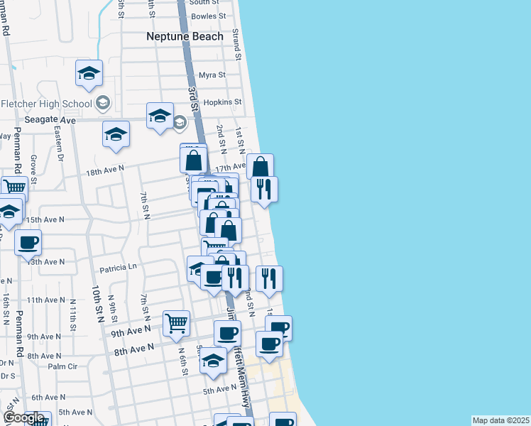 map of restaurants, bars, coffee shops, grocery stores, and more near 1515 1st Street North in Jacksonville Beach