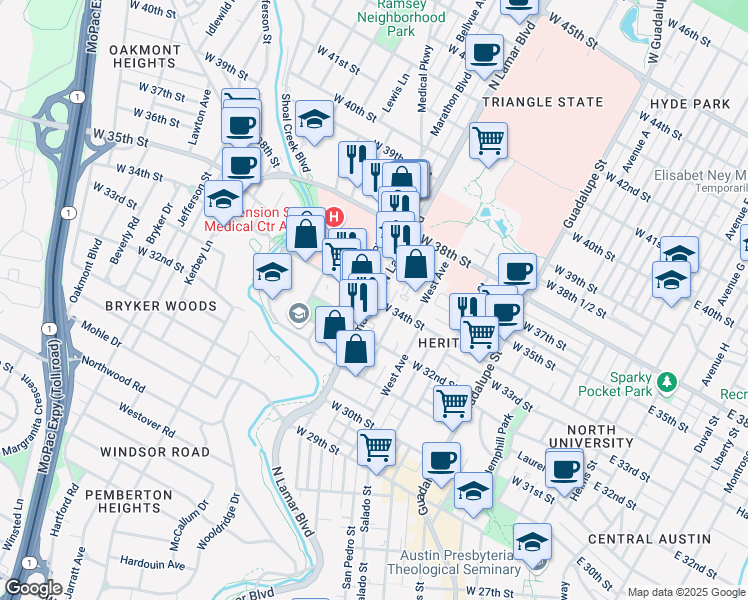 map of restaurants, bars, coffee shops, grocery stores, and more near N Lamar Blvd & W 34th St in Austin