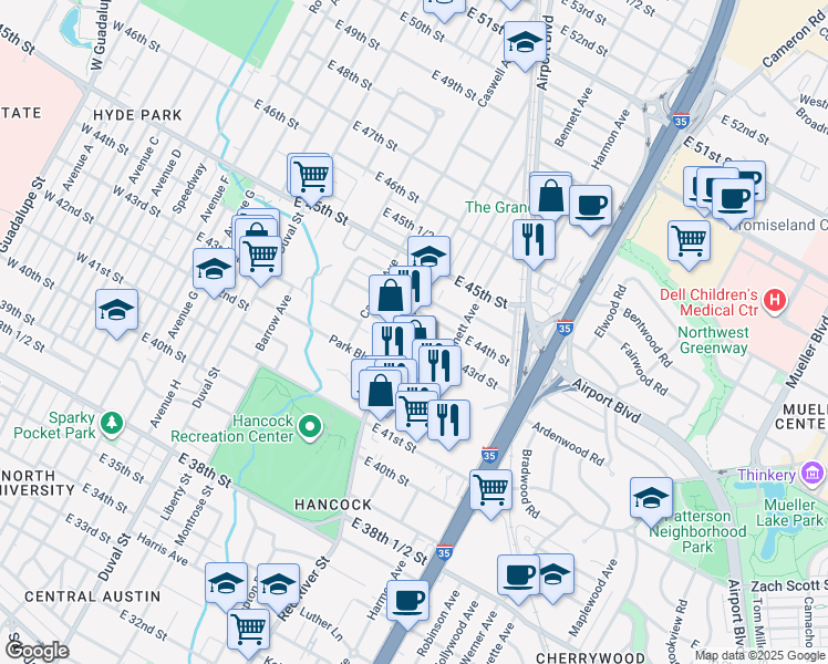 map of restaurants, bars, coffee shops, grocery stores, and more near 902 East 43rd Street in Austin