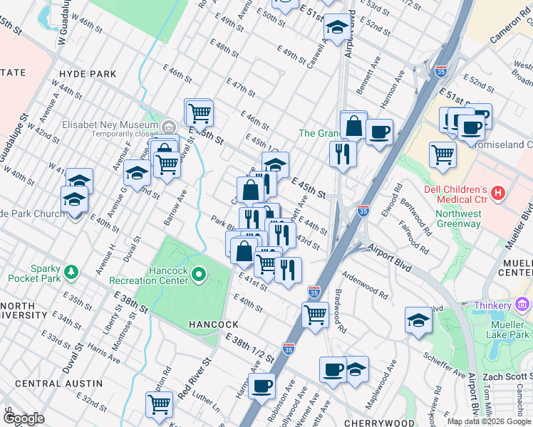 map of restaurants, bars, coffee shops, grocery stores, and more near in Austin