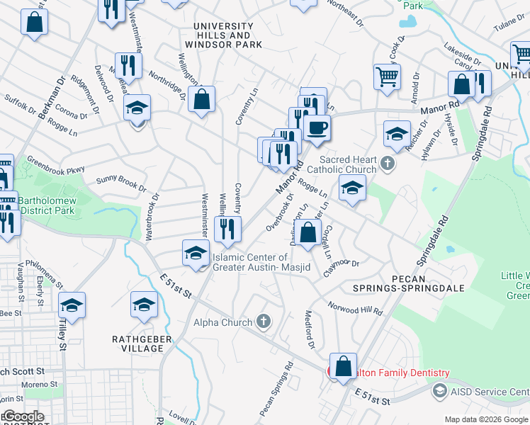 map of restaurants, bars, coffee shops, grocery stores, and more near 5507 Manor Road in Austin