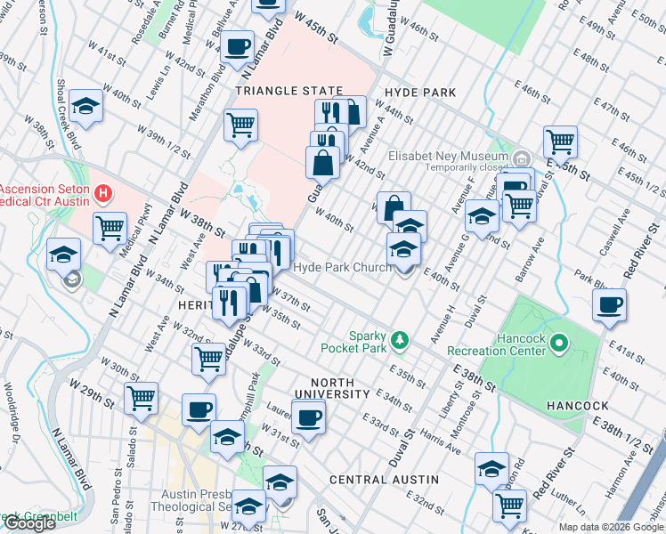 map of restaurants, bars, coffee shops, grocery stores, and more near 305 West 39th Street in Austin