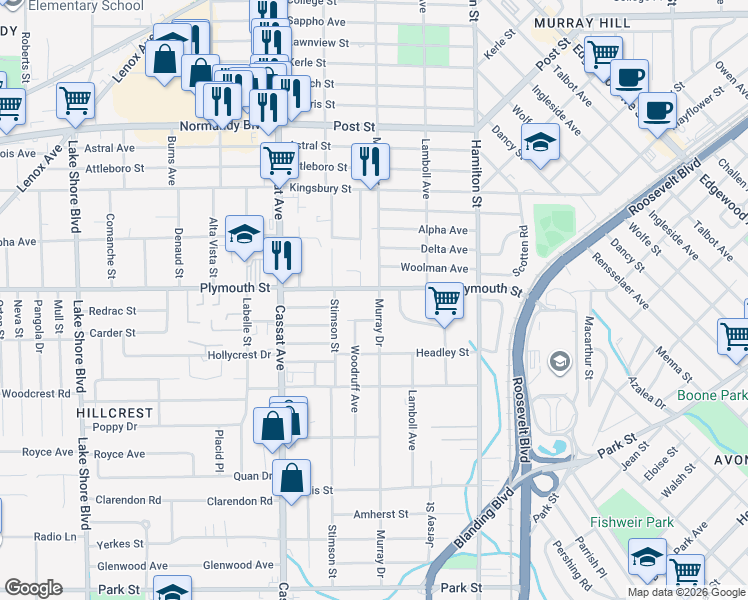 map of restaurants, bars, coffee shops, grocery stores, and more near 4678 Plymouth Street in Jacksonville