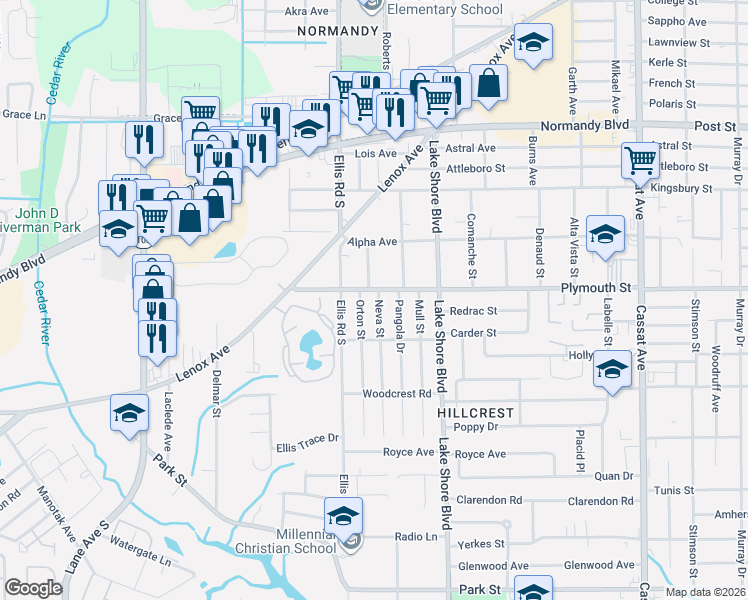 map of restaurants, bars, coffee shops, grocery stores, and more near 5558 Plymouth Street in Jacksonville