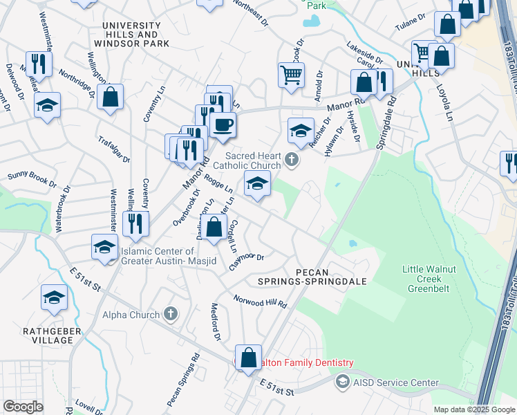 map of restaurants, bars, coffee shops, grocery stores, and more near 3100 Rogge Lane in Austin
