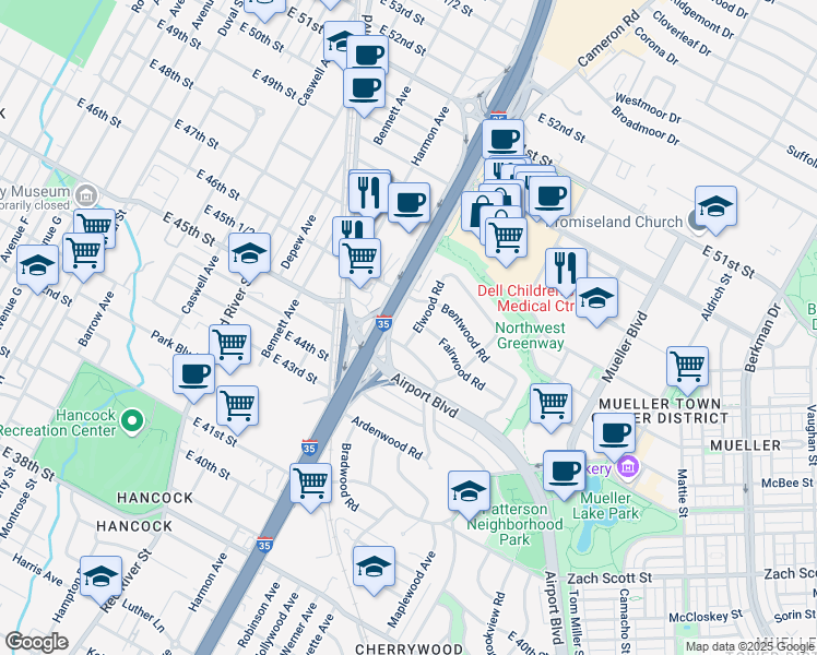 map of restaurants, bars, coffee shops, grocery stores, and more near 4510 Elwood Road in Austin