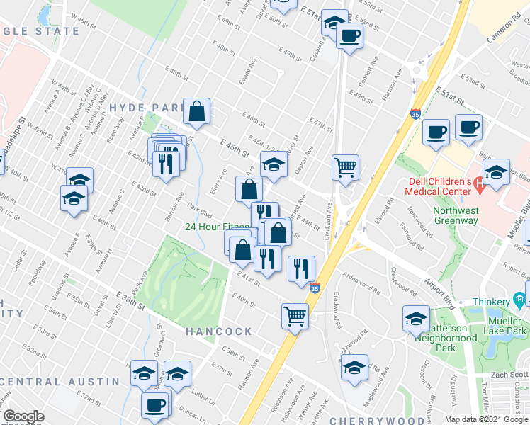 map of restaurants, bars, coffee shops, grocery stores, and more near in Austin