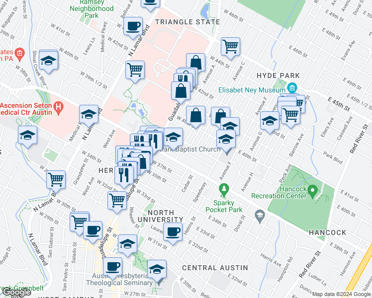map of restaurants, bars, coffee shops, grocery stores, and more near 305 West 39th Street in Austin