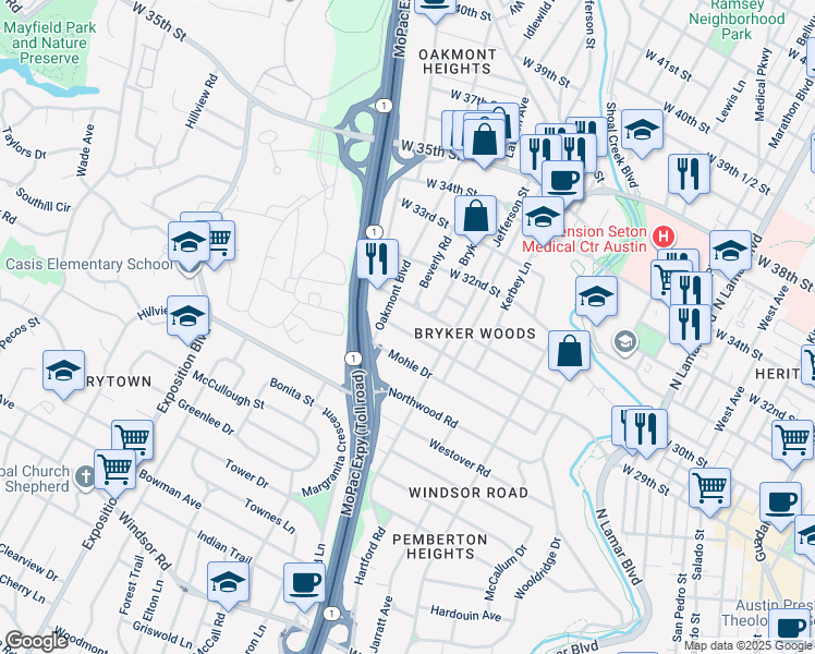 map of restaurants, bars, coffee shops, grocery stores, and more near 1804 West 29th Street in Austin