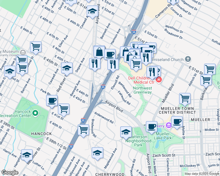 map of restaurants, bars, coffee shops, grocery stores, and more near 4510 Elwood Road in Austin