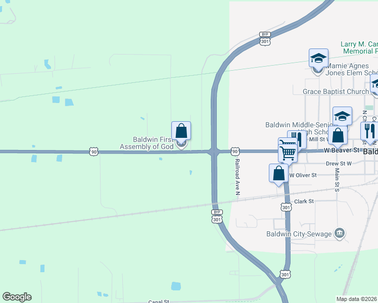 map of restaurants, bars, coffee shops, grocery stores, and more near 2419 U.S. 301 in Jacksonville