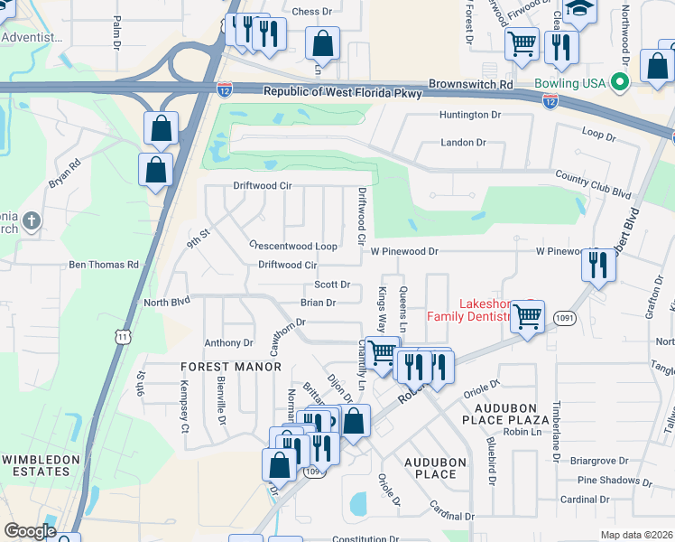 map of restaurants, bars, coffee shops, grocery stores, and more near 216 Driftwood Circle in Slidell