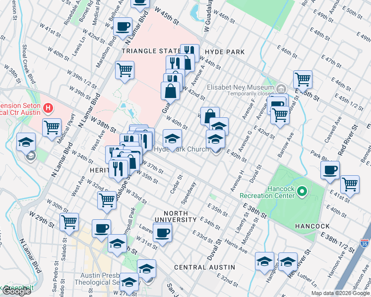 map of restaurants, bars, coffee shops, grocery stores, and more near West 39th Street & Avenue C in Austin