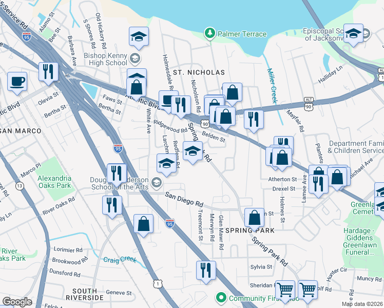 map of restaurants, bars, coffee shops, grocery stores, and more near 2165 Bedford Road in Jacksonville