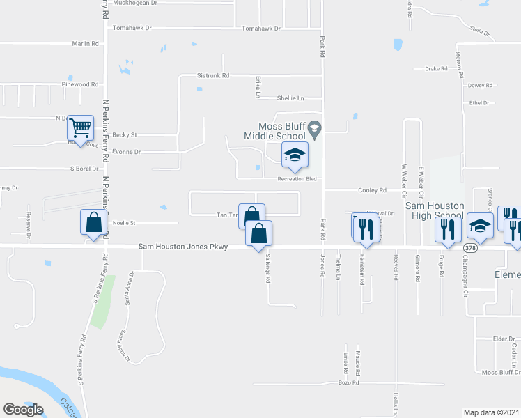 map of restaurants, bars, coffee shops, grocery stores, and more near 1020 Tan Tara Circle in Lake Charles