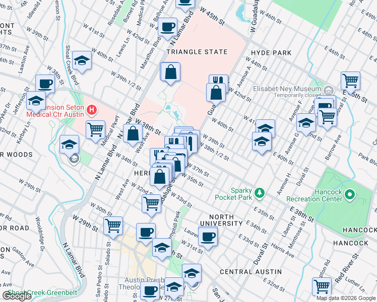 map of restaurants, bars, coffee shops, grocery stores, and more near Guadalupe St & W 38th St in Austin