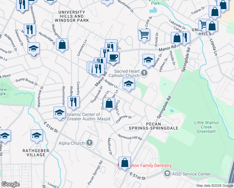 map of restaurants, bars, coffee shops, grocery stores, and more near 5607 Gloucester Lane in Austin