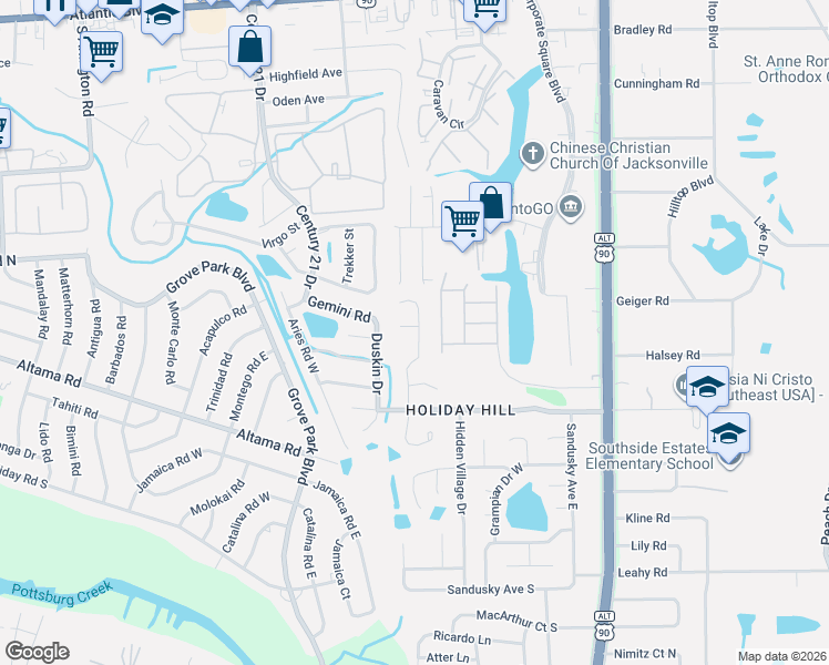 map of restaurants, bars, coffee shops, grocery stores, and more near 2362 Sunset Bluff Drive in Jacksonville