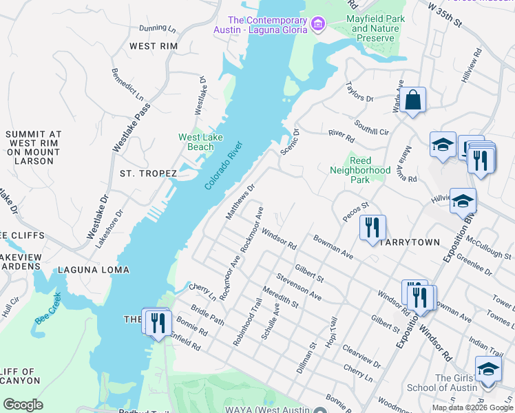 map of restaurants, bars, coffee shops, grocery stores, and more near 2409 Sweetbrush Drive in Austin