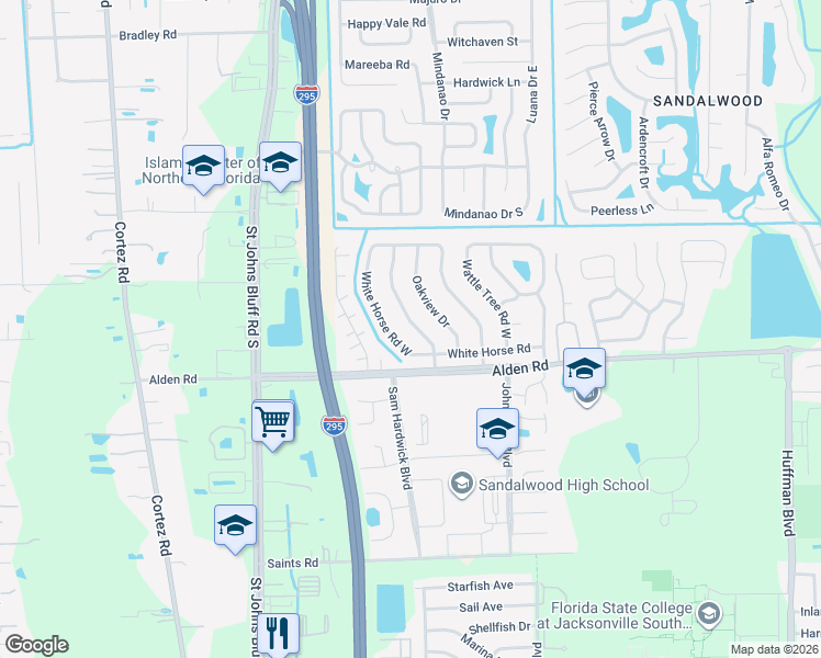 map of restaurants, bars, coffee shops, grocery stores, and more near 2515 White Horse Road West in Jacksonville