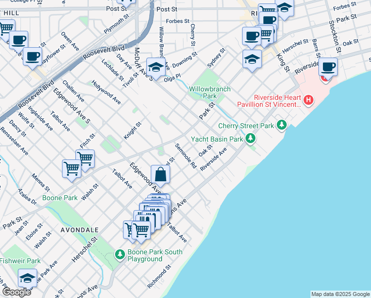 map of restaurants, bars, coffee shops, grocery stores, and more near 3125 Herschel Street in Jacksonville